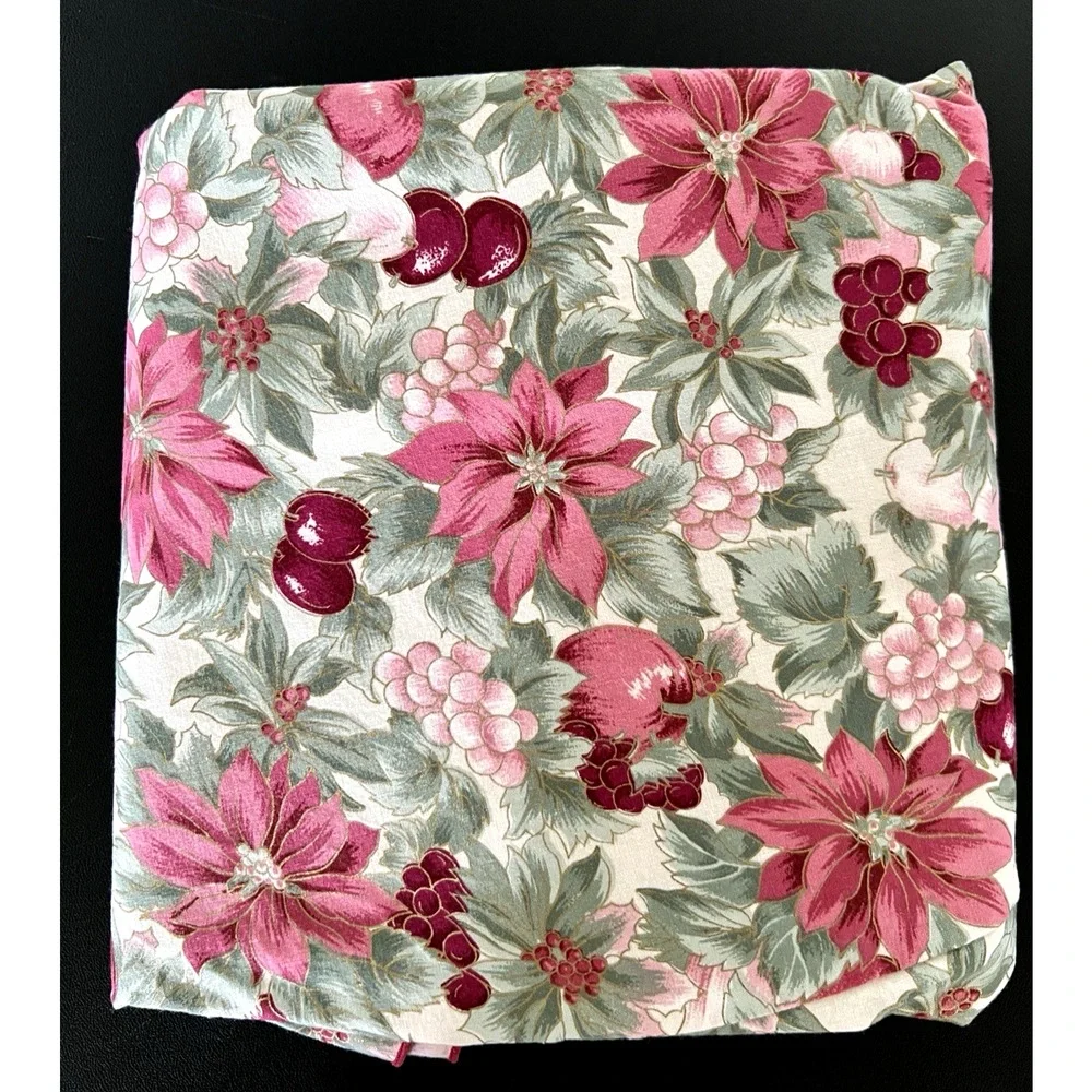 Waverly 84” ROUND Custom Tablecloth Pink Poinsettias & Grapes Burgundy Plums VTG
